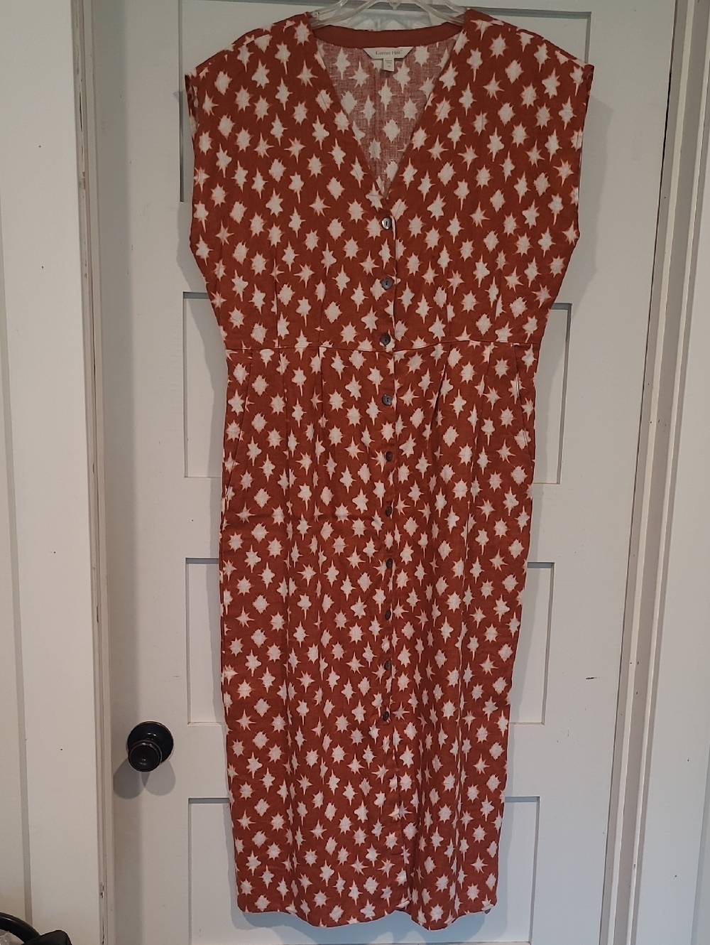 Garnet Hill Rust & White Linen Button-Front Midi Dress